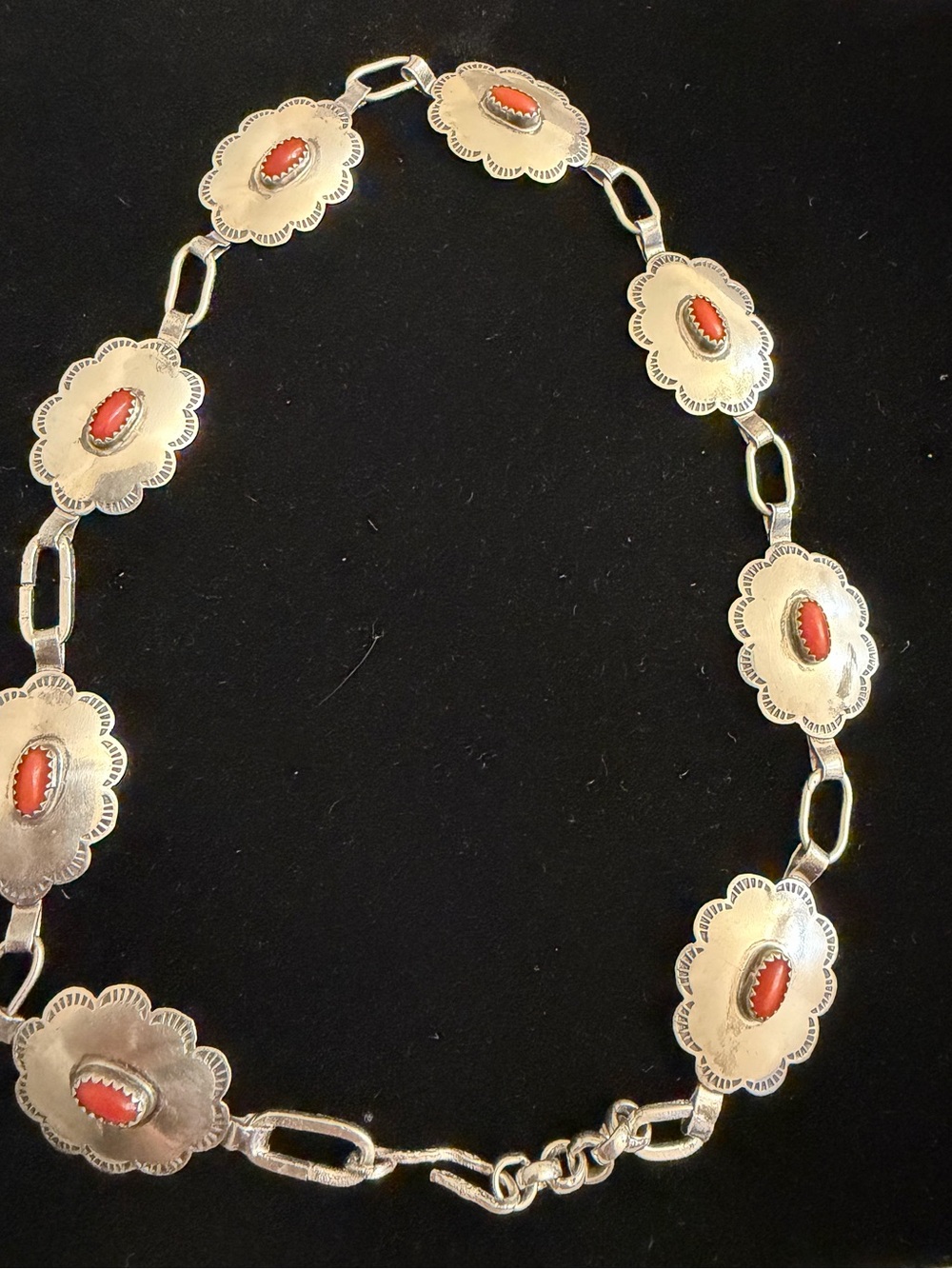 Rare Vintage Navajo Sterling Silver and Red Coral Concho Link Necklace - Picture 14 of 15